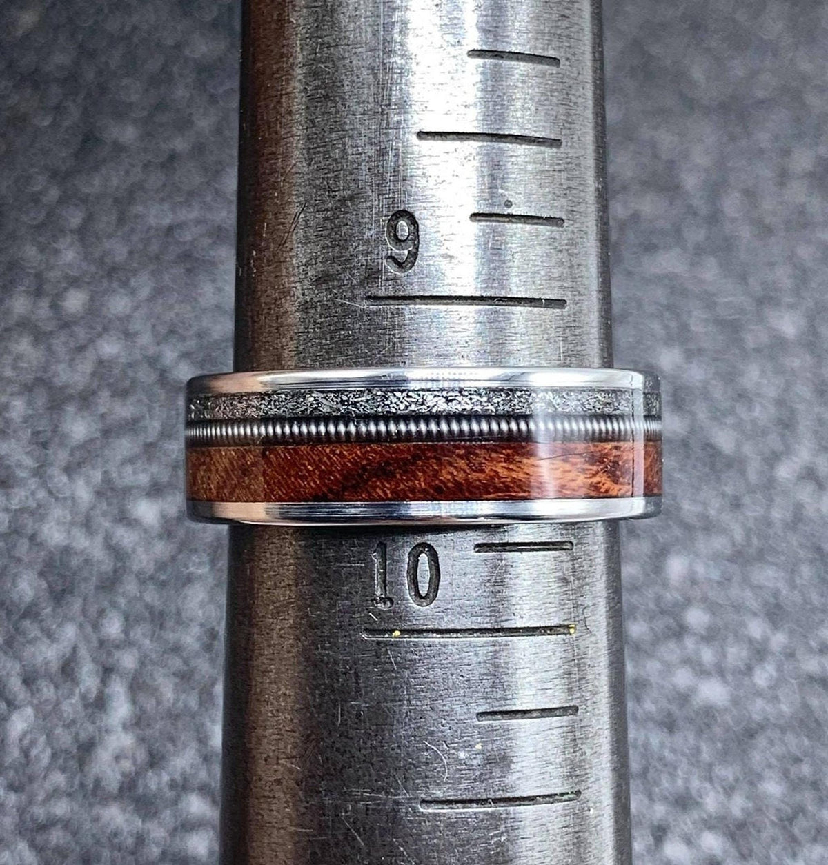 Mens Wedding Band with Meteorite, Rosewood and Guitar String - Engraved Ring