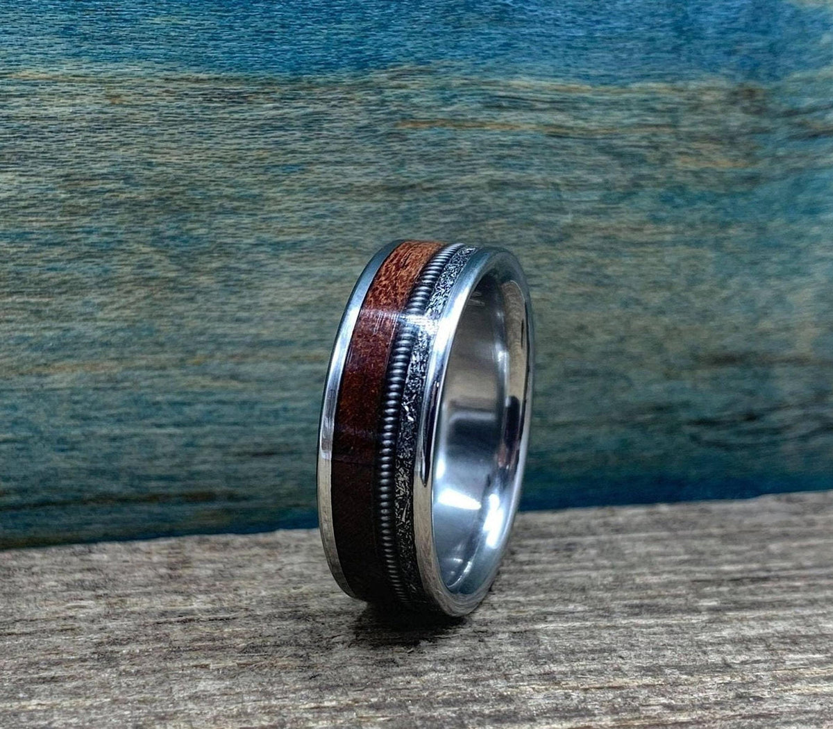 Mens Wedding Band with Meteorite, Rosewood and Guitar String - Engraved Ring
