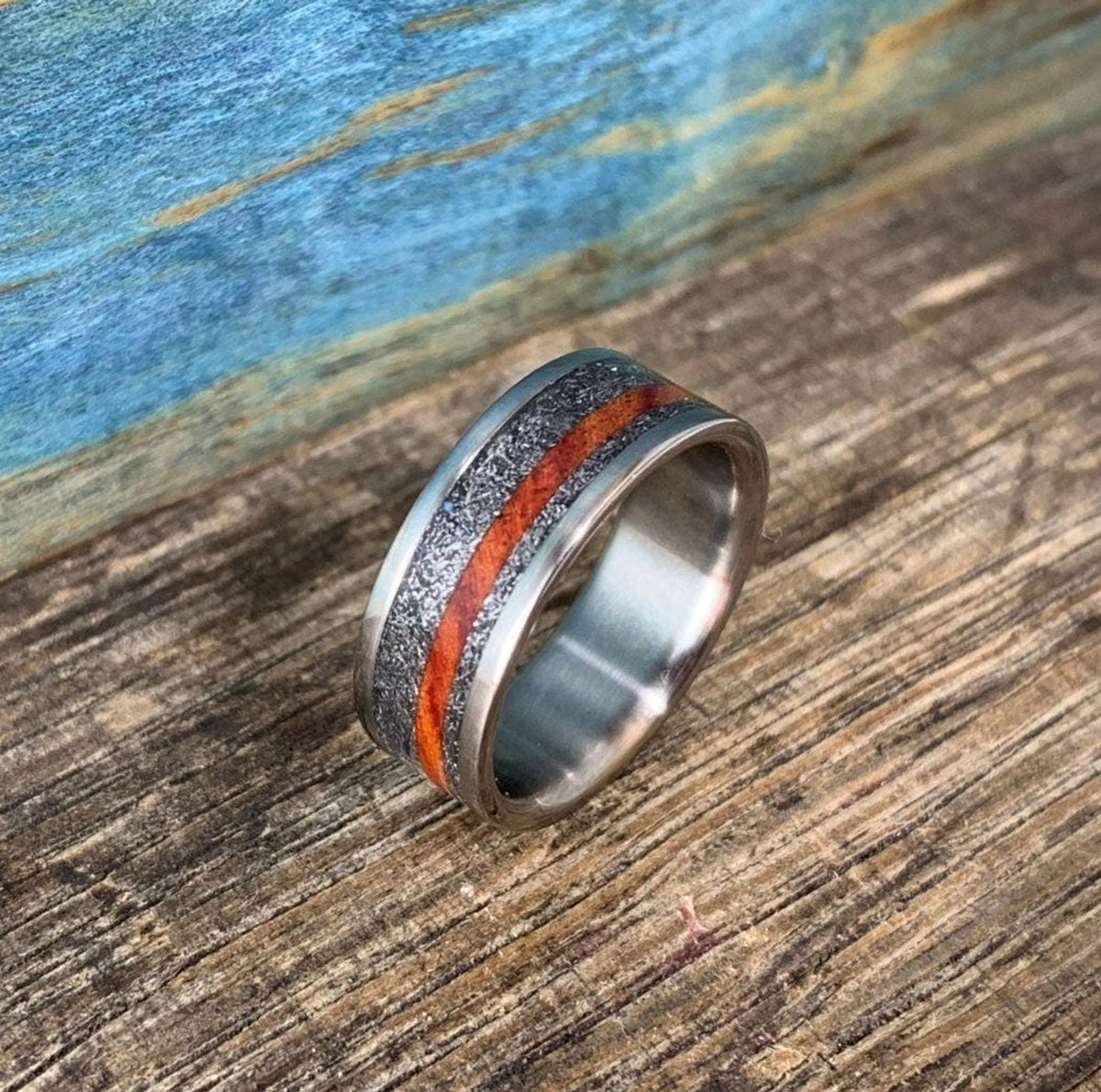 Men's Wedding Band with Meteorite and Amboyna Burl - Titanium Ring, Wood Inlay
