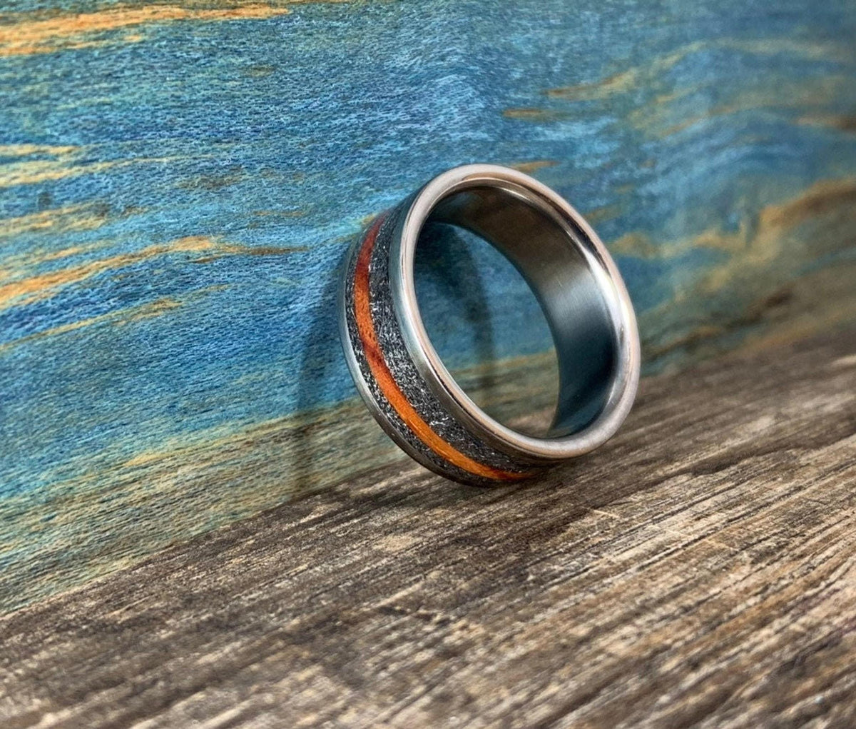 Men's Wedding Band with Meteorite and Amboyna Burl - Titanium Ring, Wood Inlay
