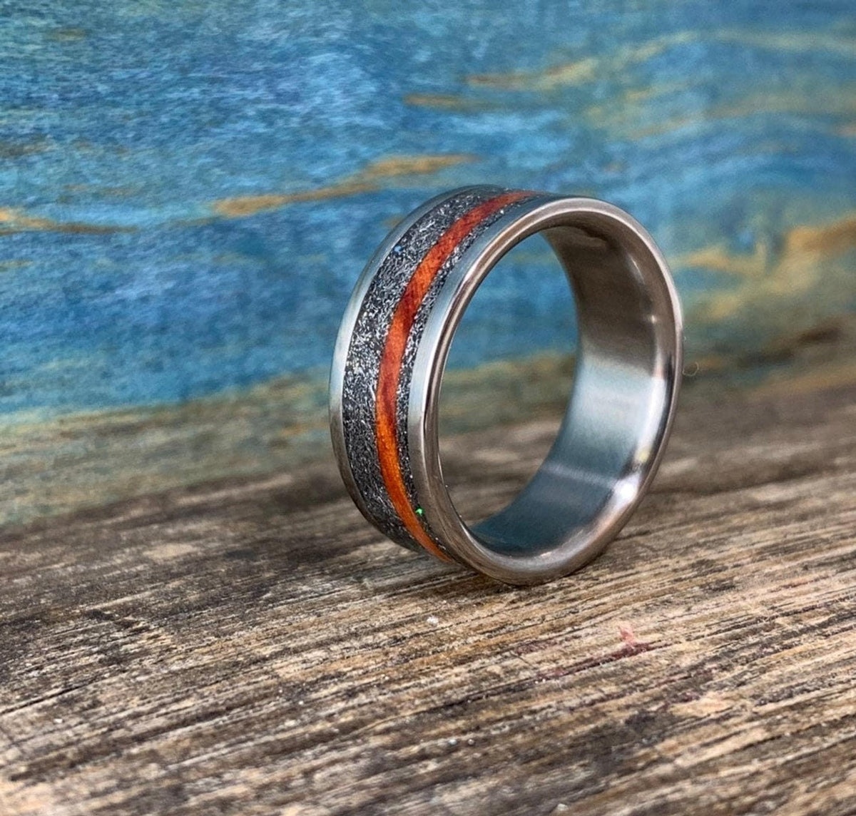 Men's Wedding Band with Meteorite and Amboyna Burl - Titanium Ring, Wood Inlay