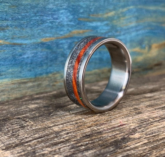 Men's Wedding Band with Meteorite and Amboyna Burl - Titanium Ring, Wood Inlay