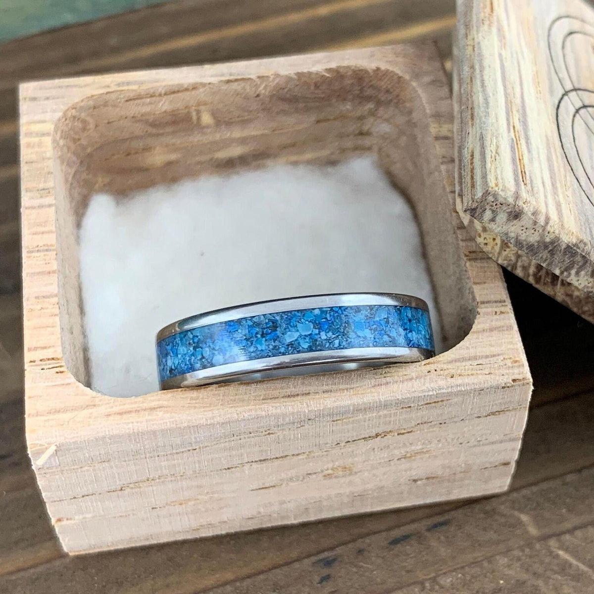 Titanium Ring - Blue Glow Stone with Kingman Turquoise - Wedding Band, Engraved