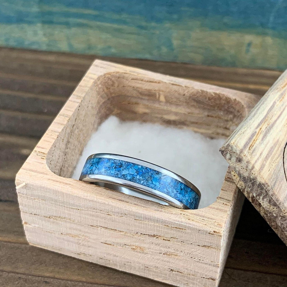 Titanium Ring - Blue Glow Stone with Kingman Turquoise - Wedding Band, Engraved