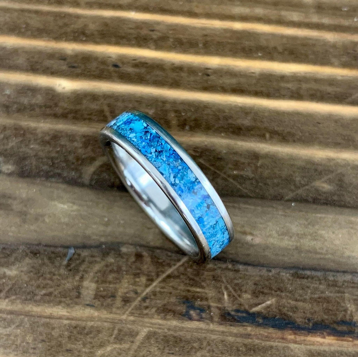Titanium Ring - Blue Glow Stone with Kingman Turquoise - Wedding Band, Engraved