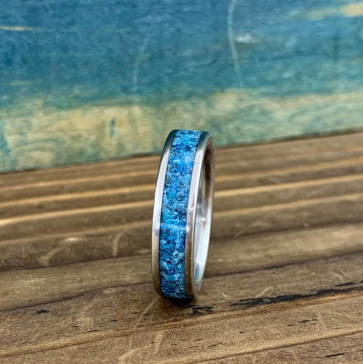 Titanium Ring - Blue Glow Stone with Kingman Turquoise - Wedding Band, Engraved