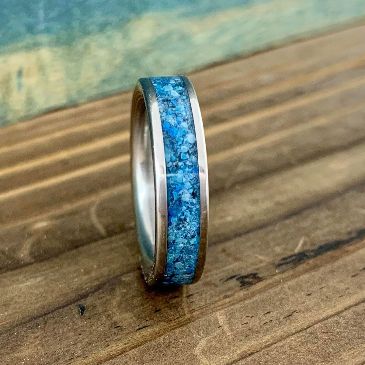 Titanium Ring - Blue Glow Stone with Kingman Turquoise - Wedding Band, Engraved