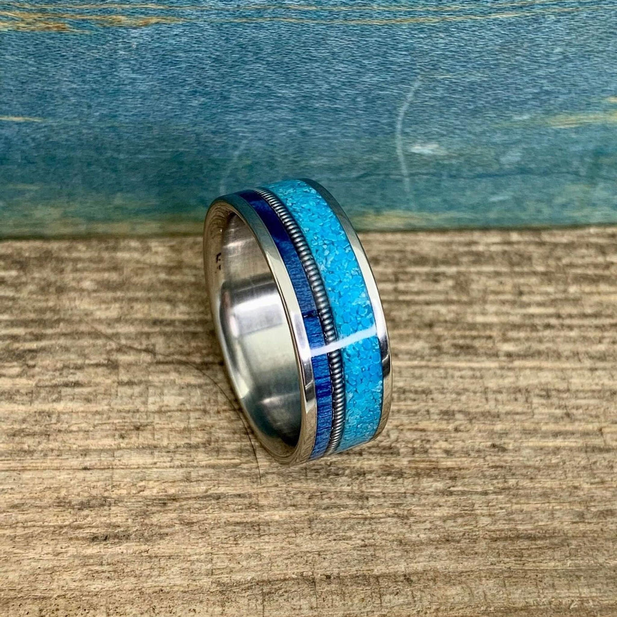 Titanium Ring - Guitar String, Turquoise and Blue Wood Inlay - Men's Wedding Band