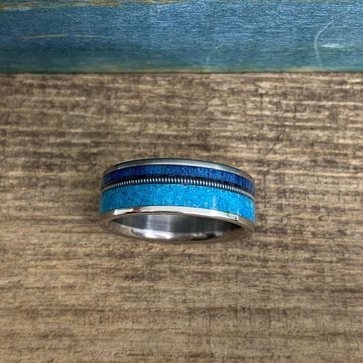 Titanium Ring - Guitar String, Turquoise and Blue Wood Inlay - Men's Wedding Band