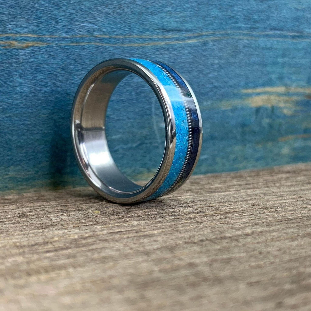 Titanium Ring - Guitar String, Turquoise and Blue Wood Inlay - Men's Wedding Band