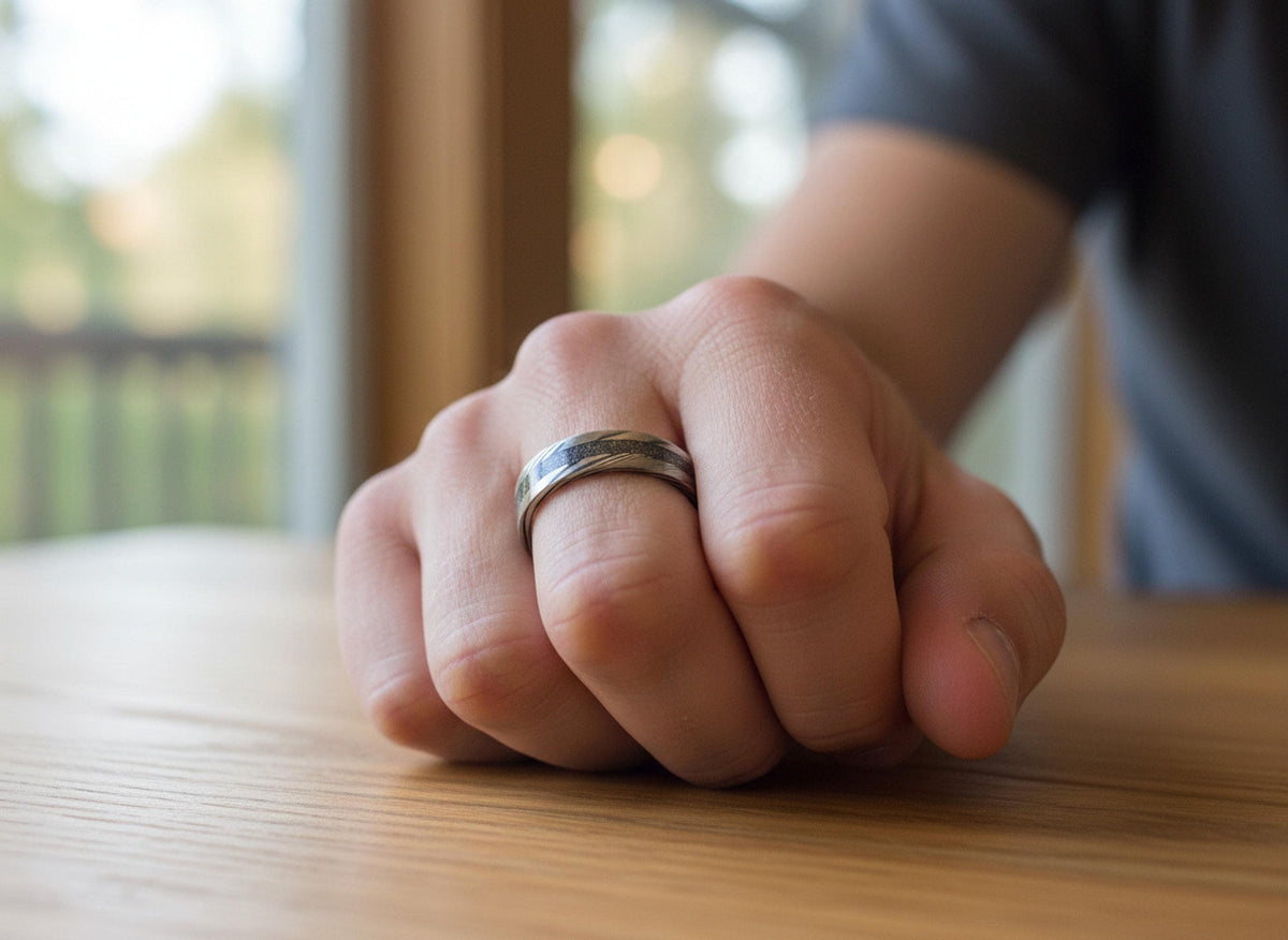 A silver-toned Damascus steel and meteorite ring with a textured central band and patterned sides, worn on a man's finger, providing a realistic sense of its size and appearance when worn.