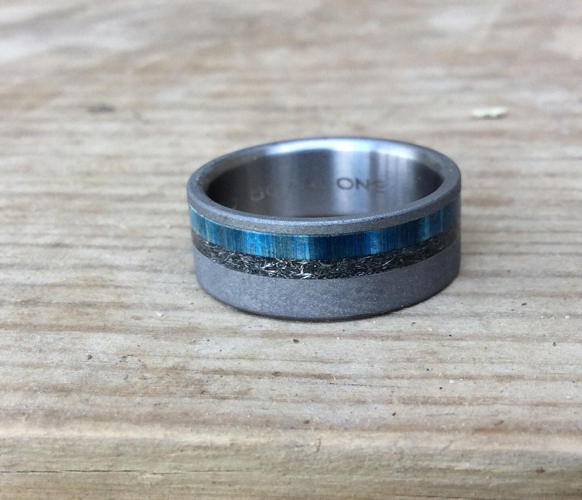 Mens Wedding Band - Sandblasted Titanium Ring with Meteorite and Blue Wood Inlay