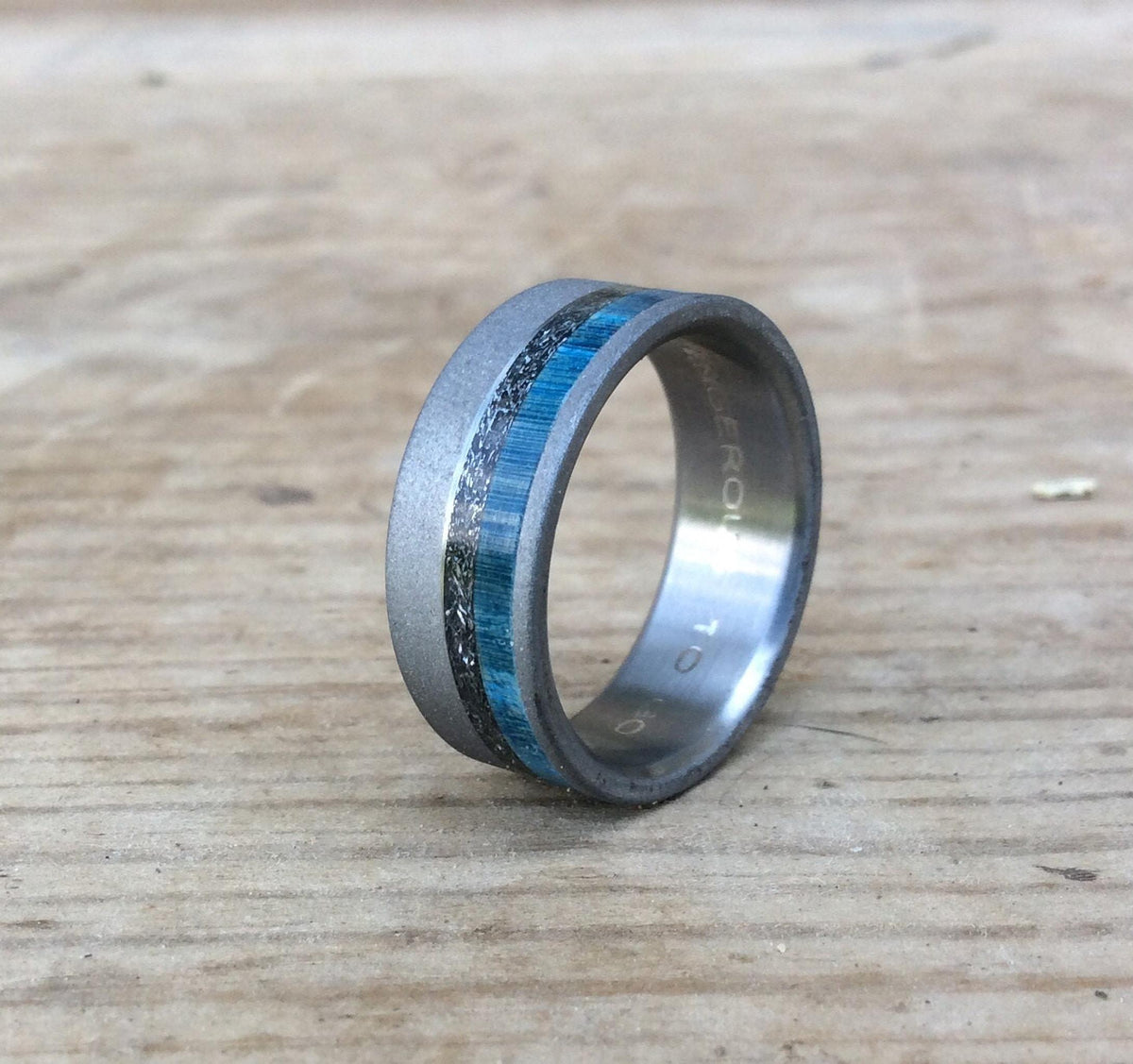 Mens Wedding Band - Sandblasted Titanium Ring with Meteorite and Blue Wood Inlay
