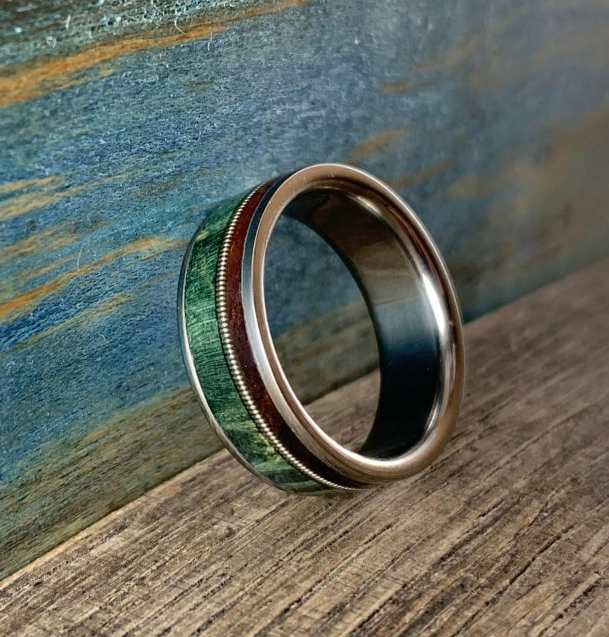 Mens Wedding Band with Guitar String Inlay and Rosewood