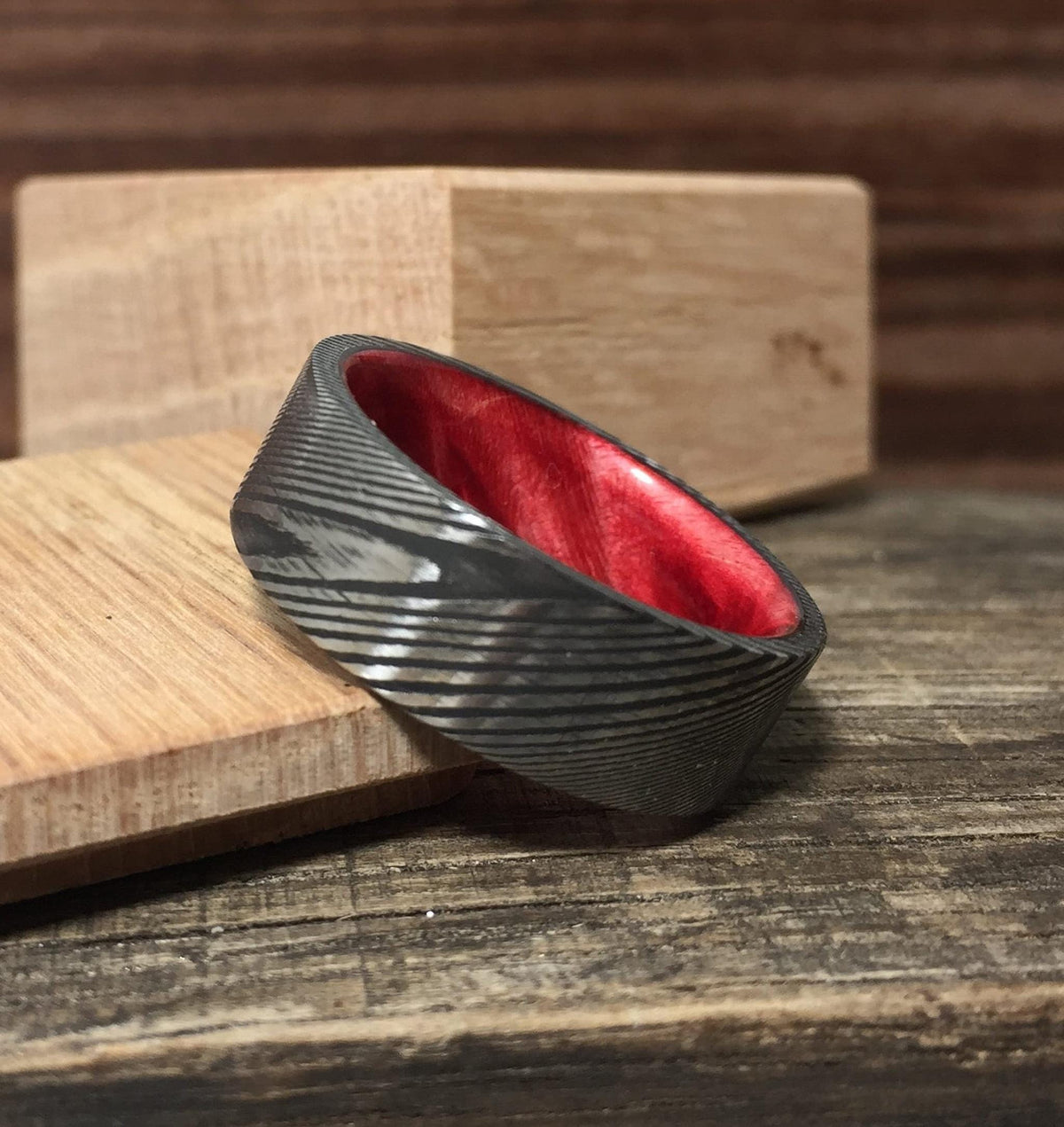 Damascus Steel Ring with Red Box Elder, Custom Men's Wedding Band