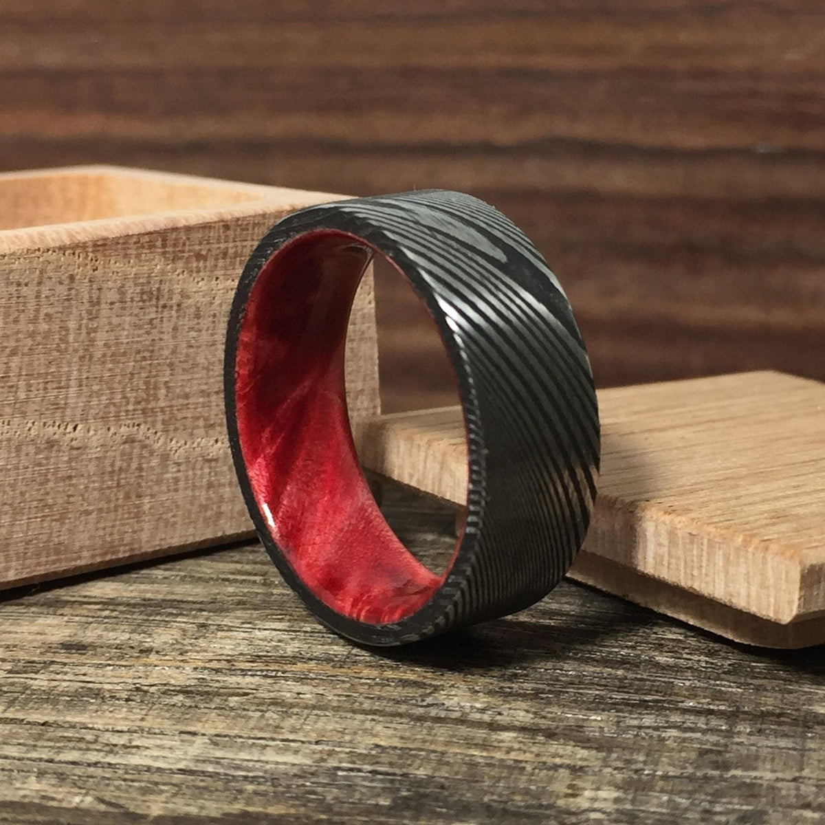 Damascus Steel Ring with Red Box Elder, Custom Men's Wedding Band