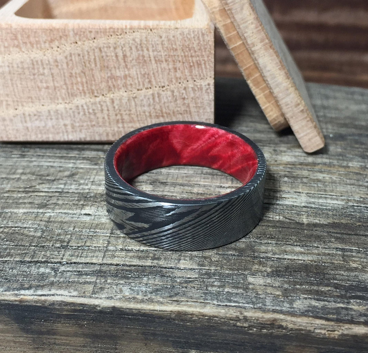 Damascus Steel Ring with Red Box Elder, Custom Men's Wedding Band