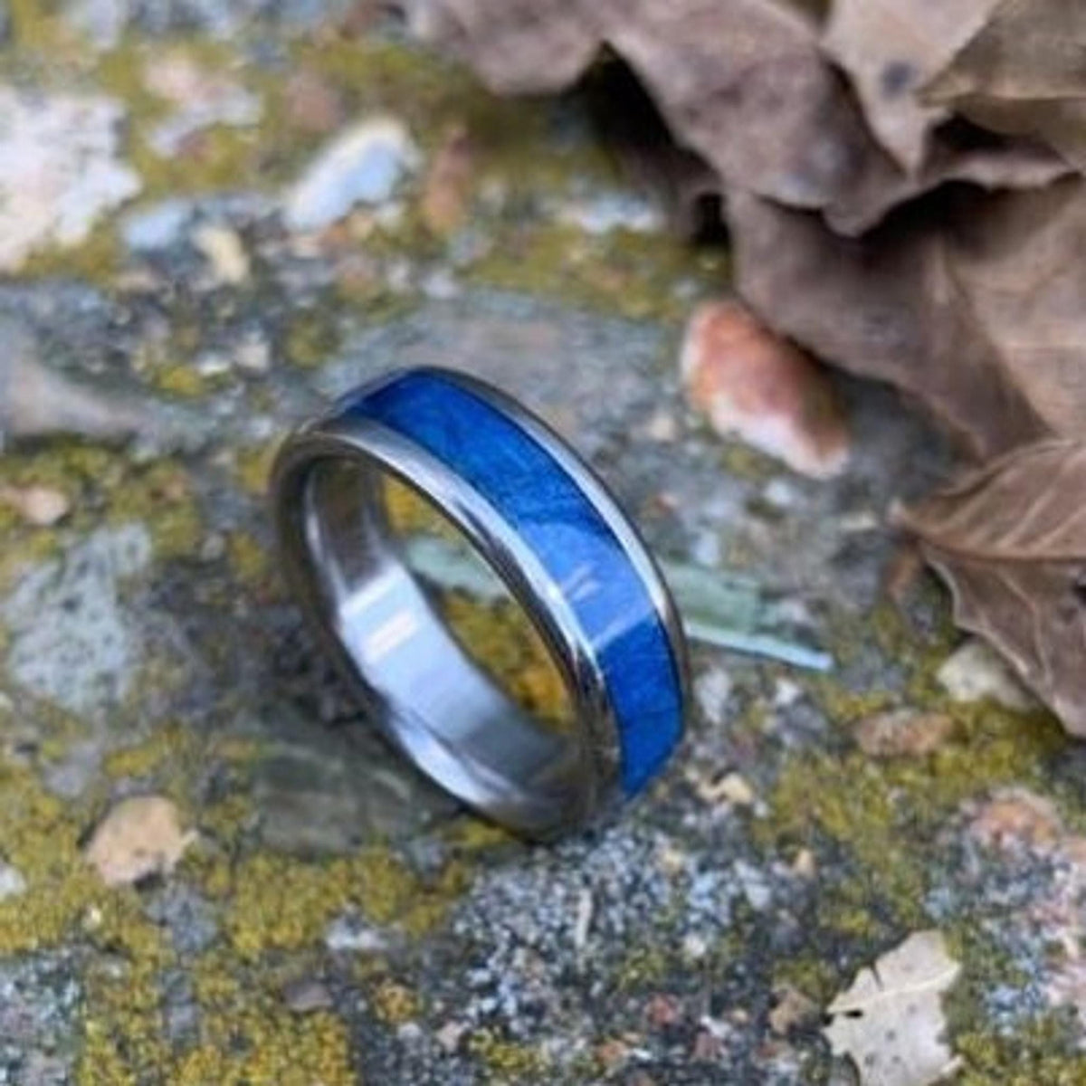 Titanium Ring with Blue Wood Inlay, Women's Wedding Band Made to Order
