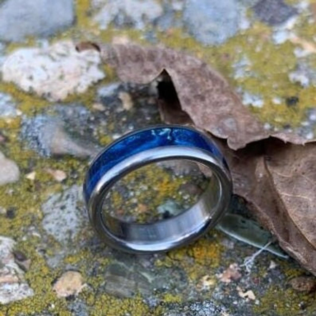 Titanium Ring with Blue Wood Inlay, Women's Wedding Band Made to Order