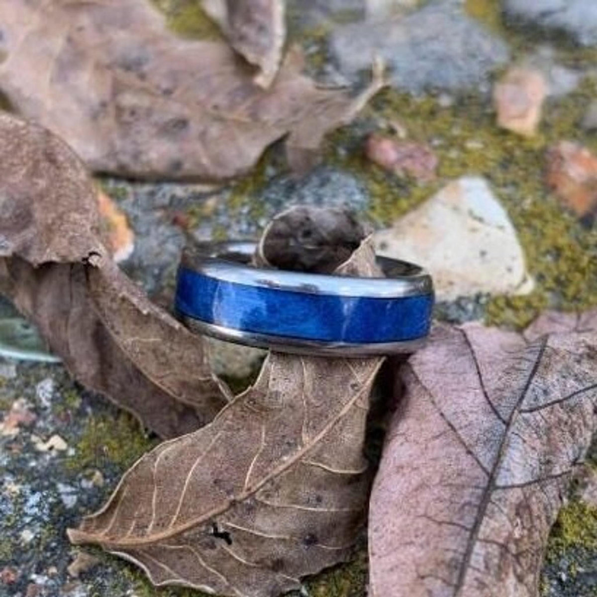 Titanium Ring with Blue Wood Inlay, Women's Wedding Band Made to Order