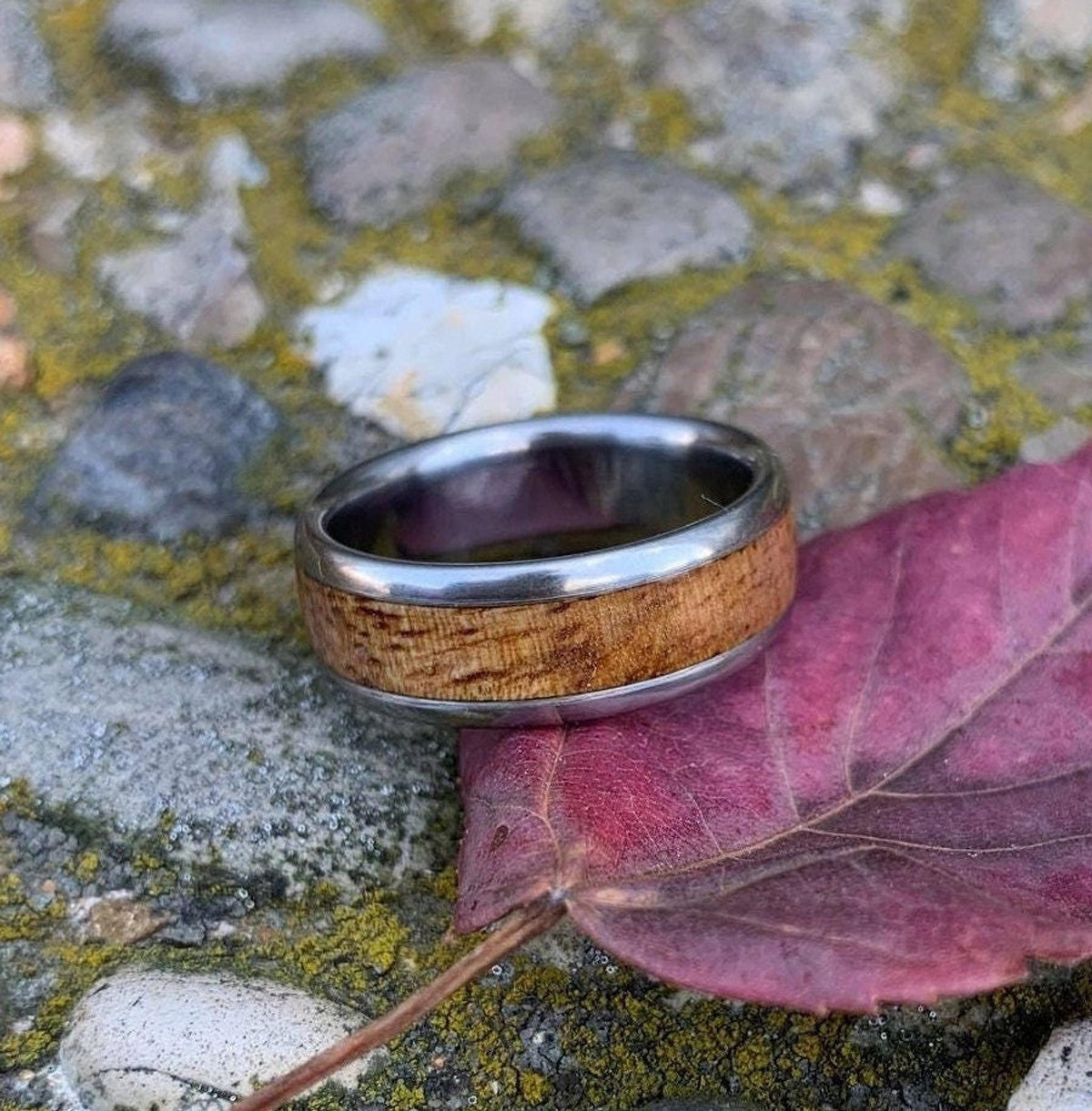 Mens Wedding Band - Titanium Ring with Mango Wood Inlay - Engraved