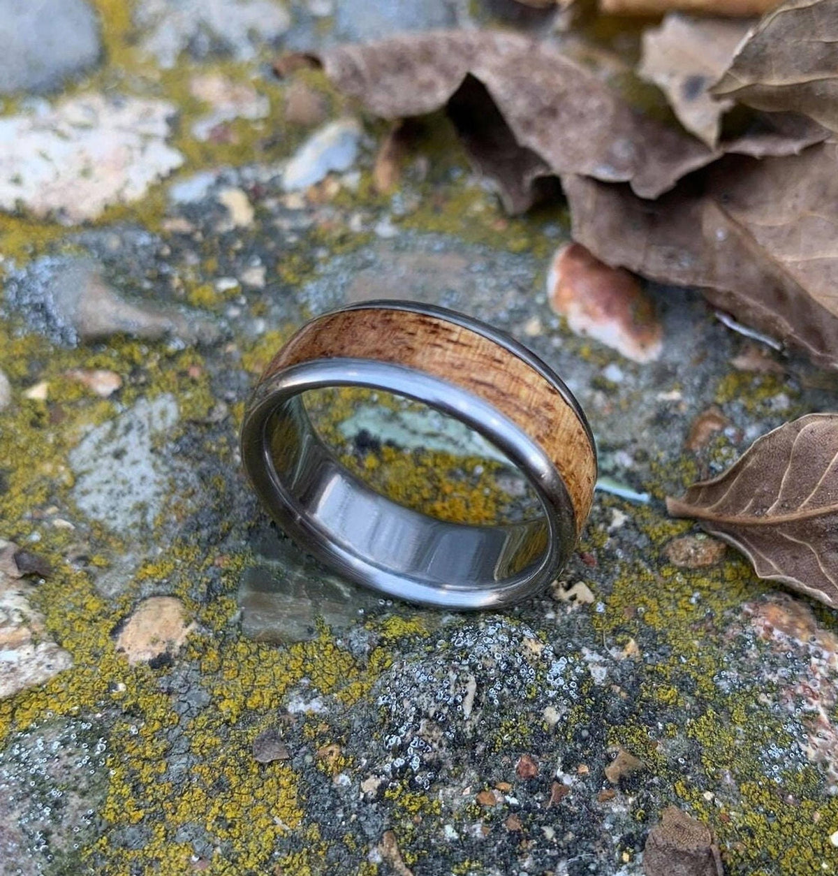 Mens Wedding Band - Titanium Ring with Mango Wood Inlay - Engraved