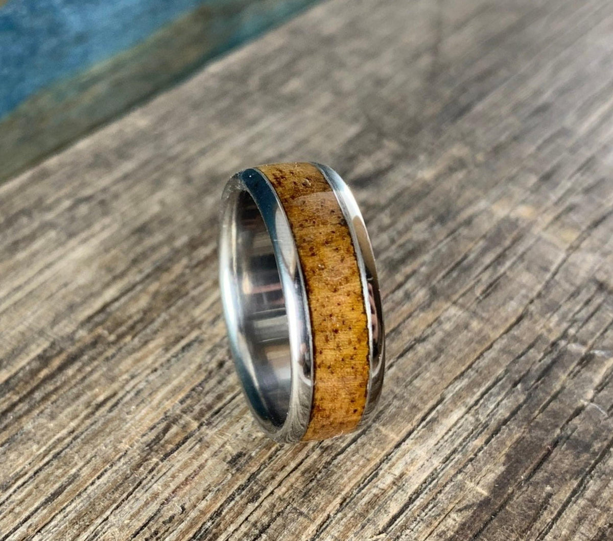 Mens Wedding Band - Titanium Ring with Mango Wood Inlay - Engraved