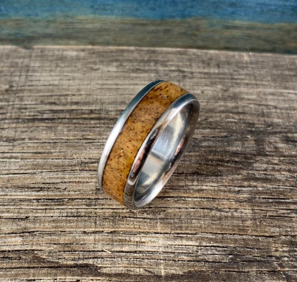 Mens Wedding Band - Titanium Ring with Mango Wood Inlay - Engraved