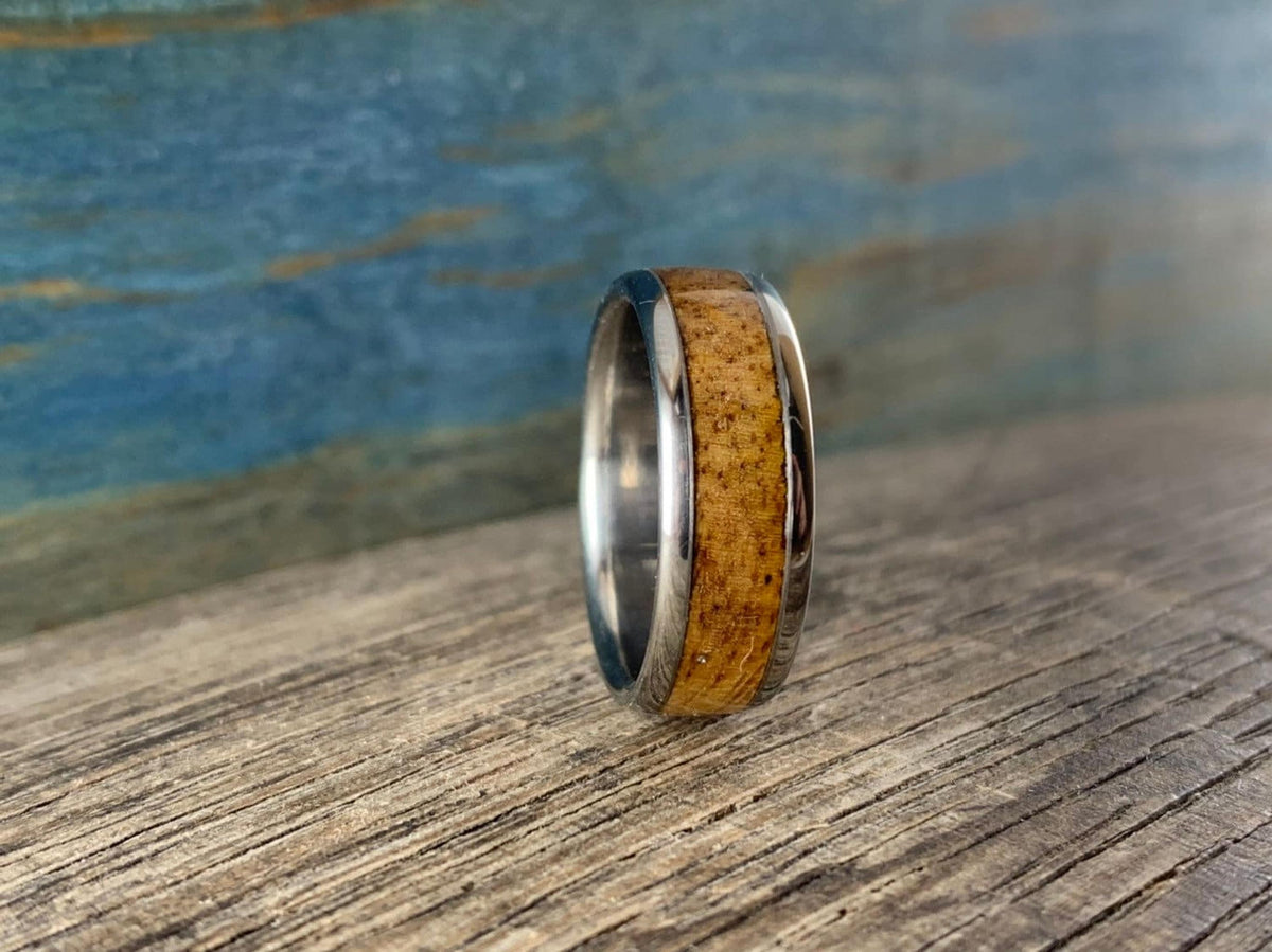 Mens Wedding Band - Titanium Ring with Mango Wood Inlay - Engraved