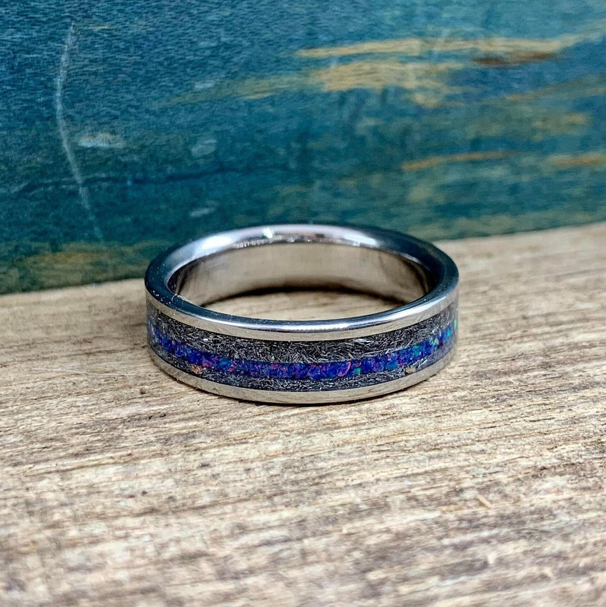 Meteorite Ring with Dark Blue Opal - Men's Titanium Wedding Band