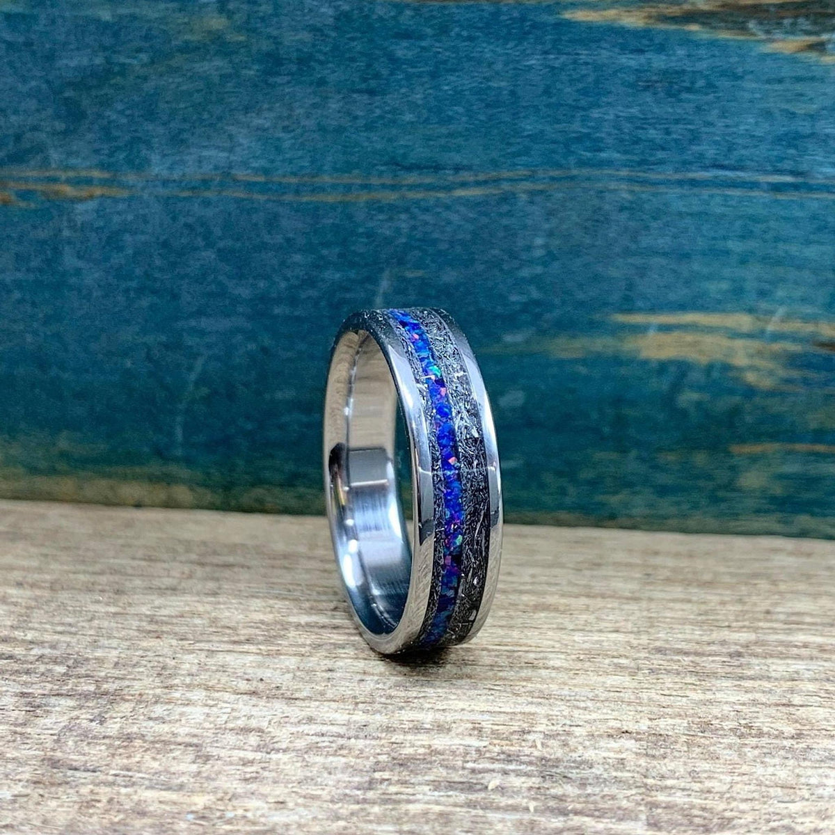 Meteorite Ring with Dark Blue Opal - Men's Titanium Wedding Band