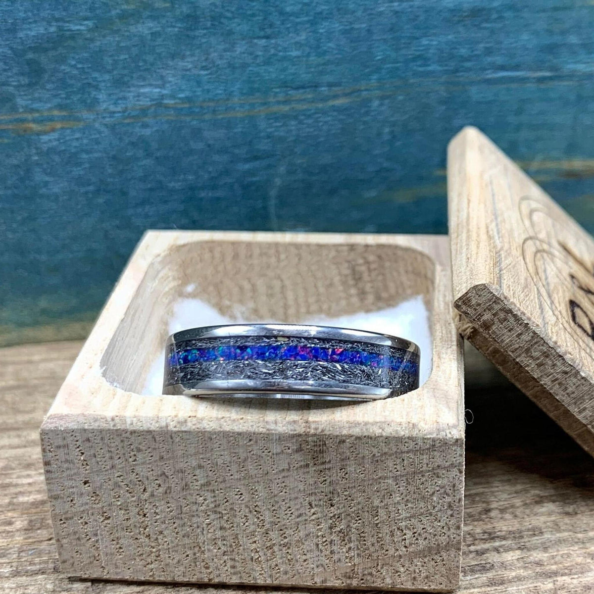 Meteorite Ring with Dark Blue Opal - Men's Titanium Wedding Band