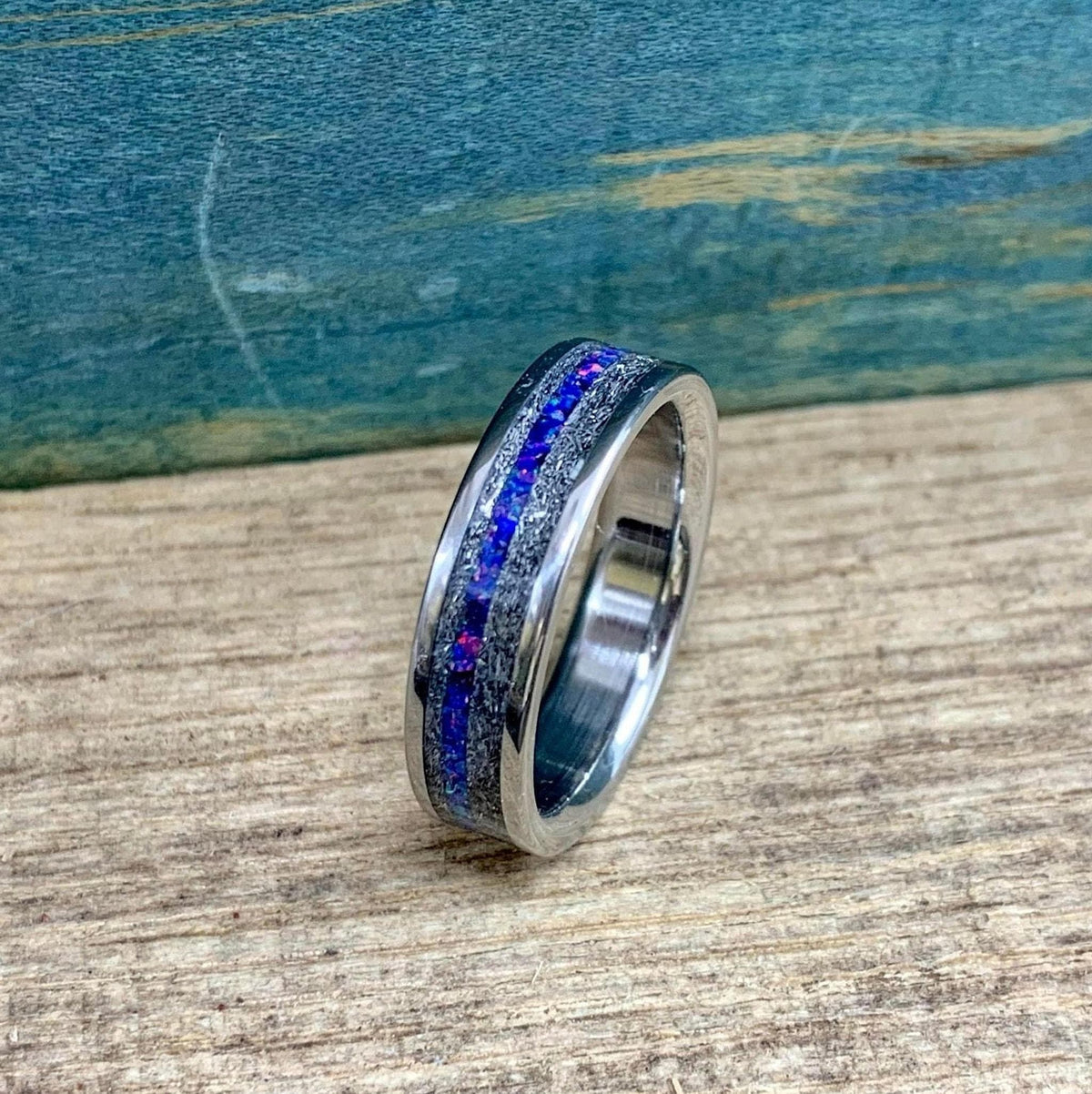 Meteorite Ring with Dark Blue Opal - Men's Titanium Wedding Band