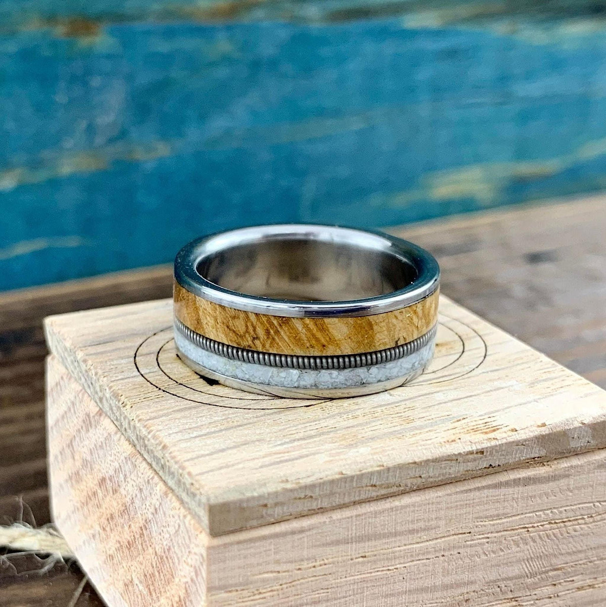 Mens Wedding Band with Buckeye Burl Wood and Pearl Inlay - Titanium Ring Guitar String