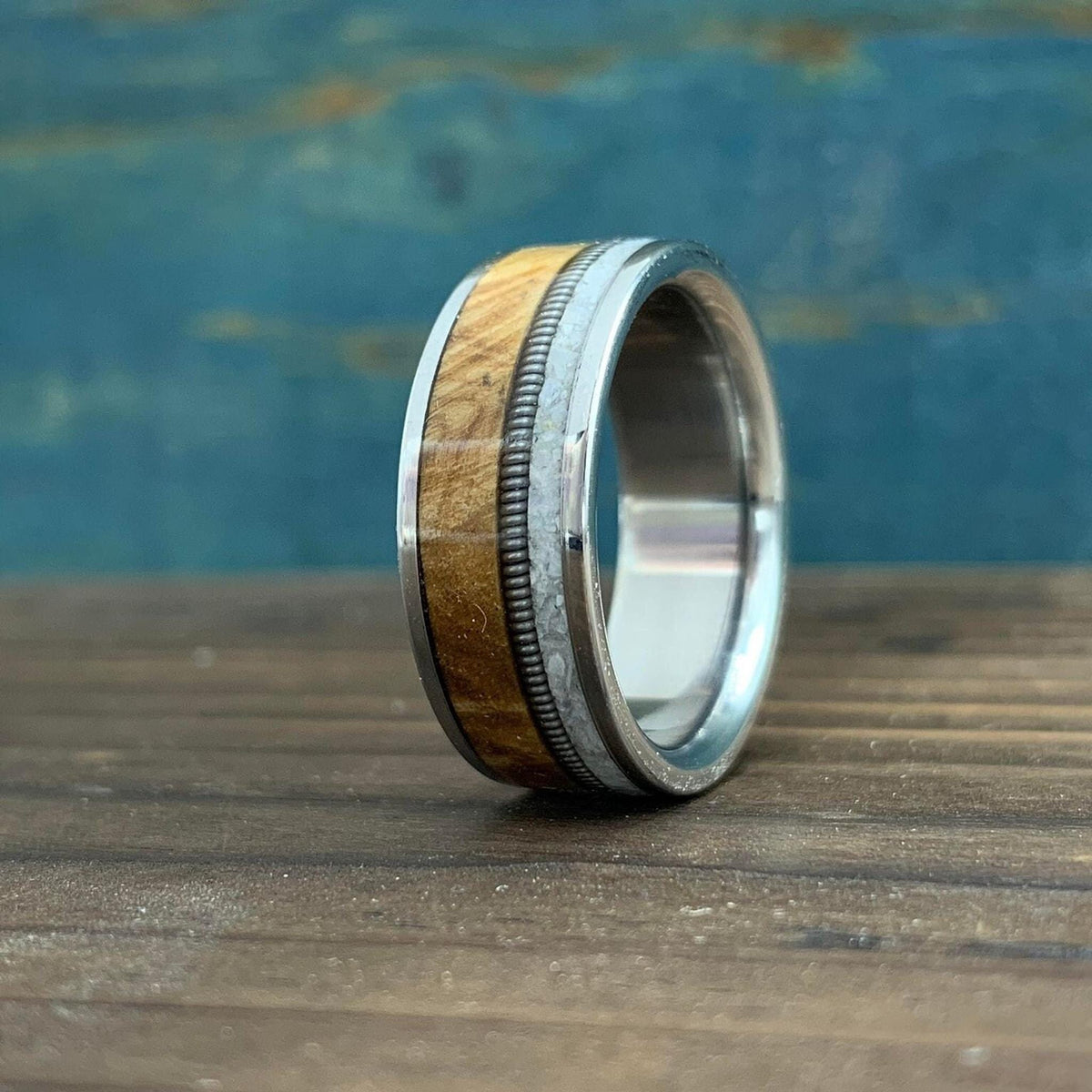 Mens Wedding Band with Buckeye Burl Wood and Pearl Inlay - Titanium Ring Guitar String