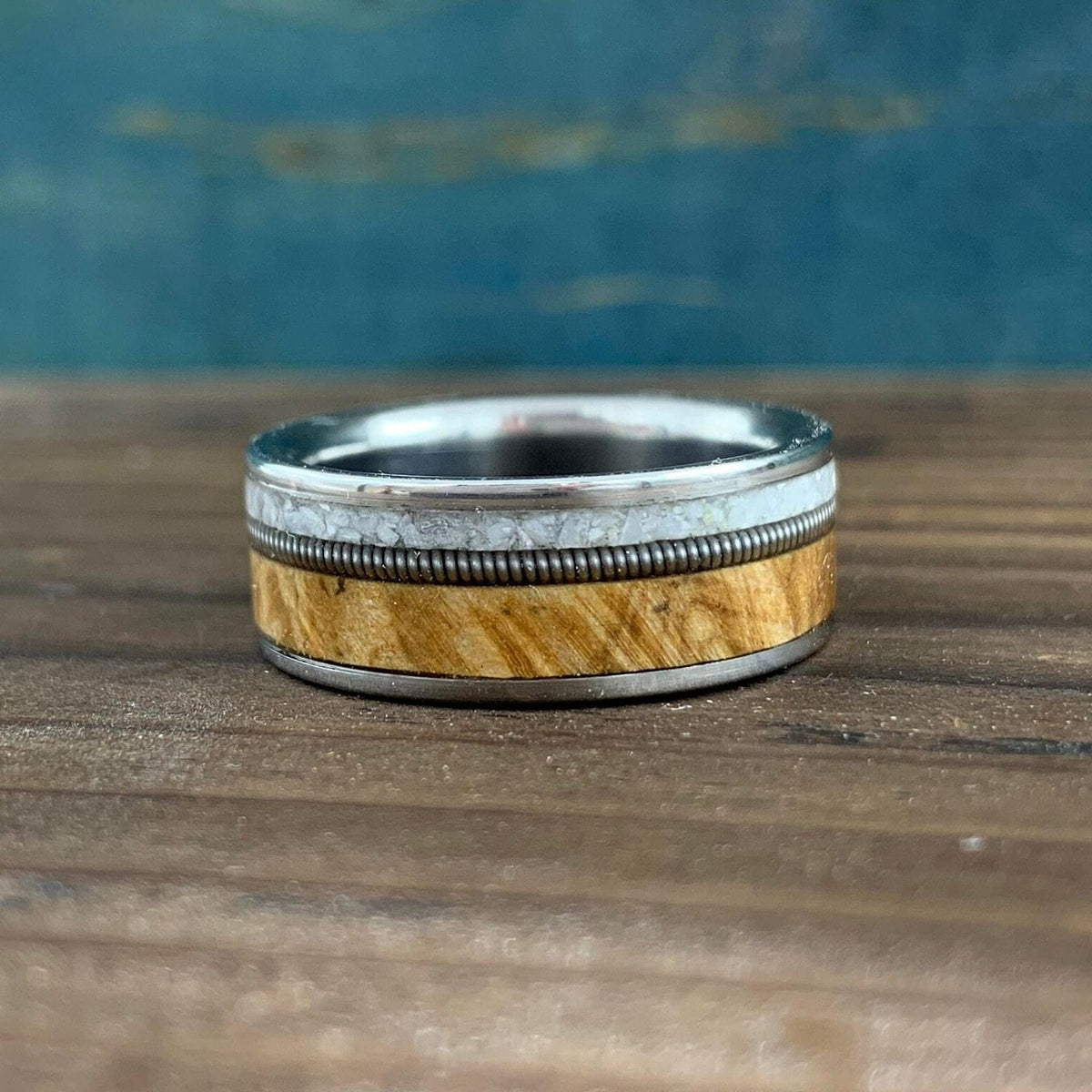 Mens Wedding Band with Buckeye Burl Wood and Pearl Inlay - Titanium Ring Guitar String
