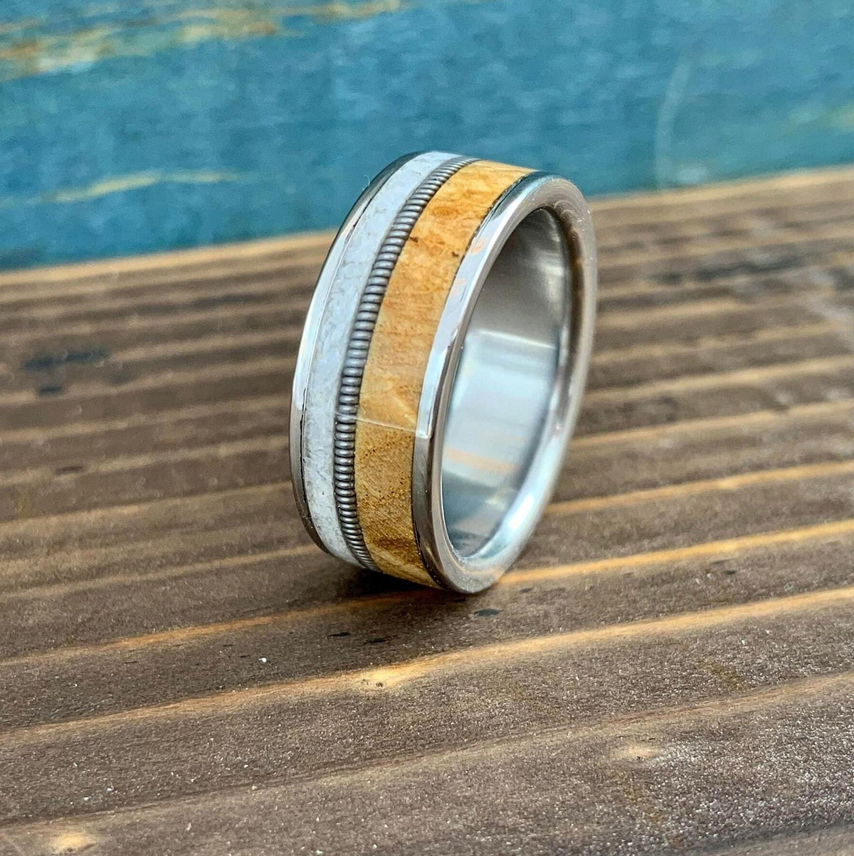 Mens Wedding Band with Buckeye Burl Wood and Pearl Inlay - Titanium Ring Guitar String