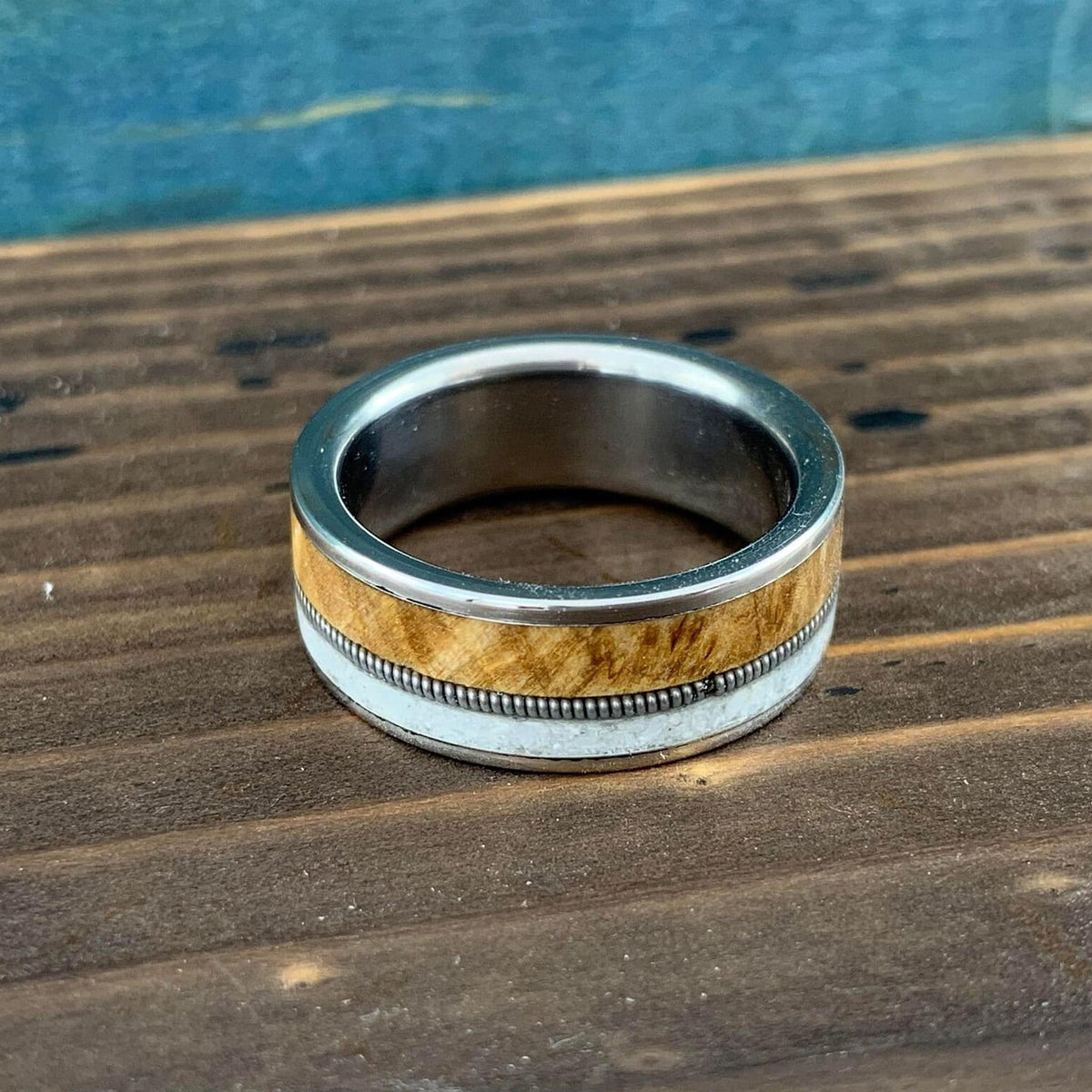 Mens Wedding Band with Buckeye Burl Wood and Pearl Inlay - Titanium Ring Guitar String