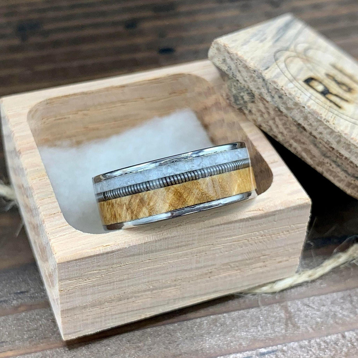 Mens Wedding Band with Buckeye Burl Wood and Pearl Inlay - Titanium Ring Guitar String
