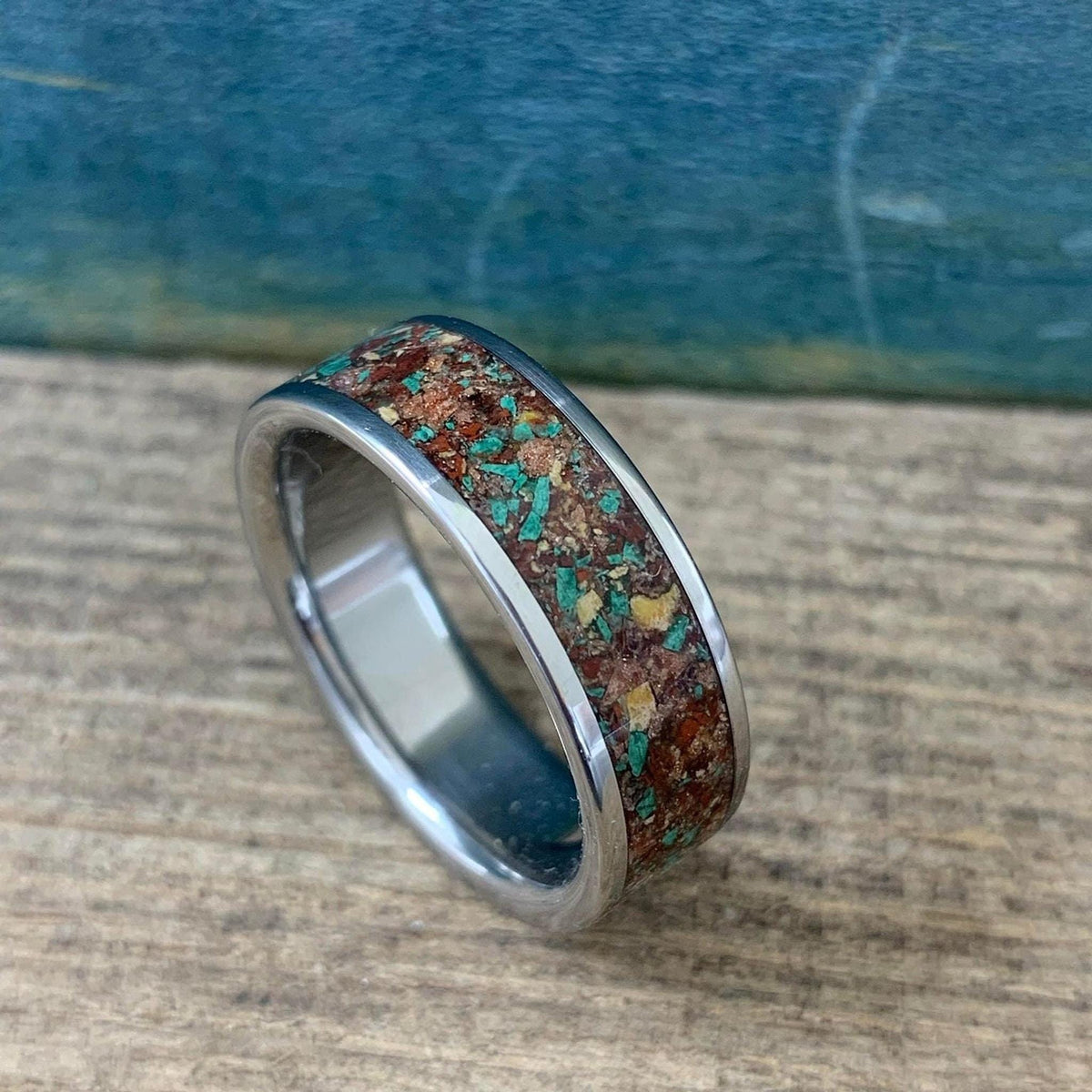 Fall Wedding Ring - Titanium Band with Red Goldstone and Yellow Jasper Inlay