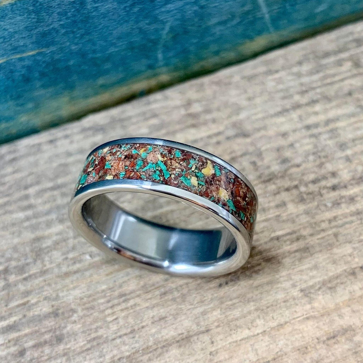 Fall Wedding Ring - Titanium Band with Red Goldstone and Yellow Jasper Inlay