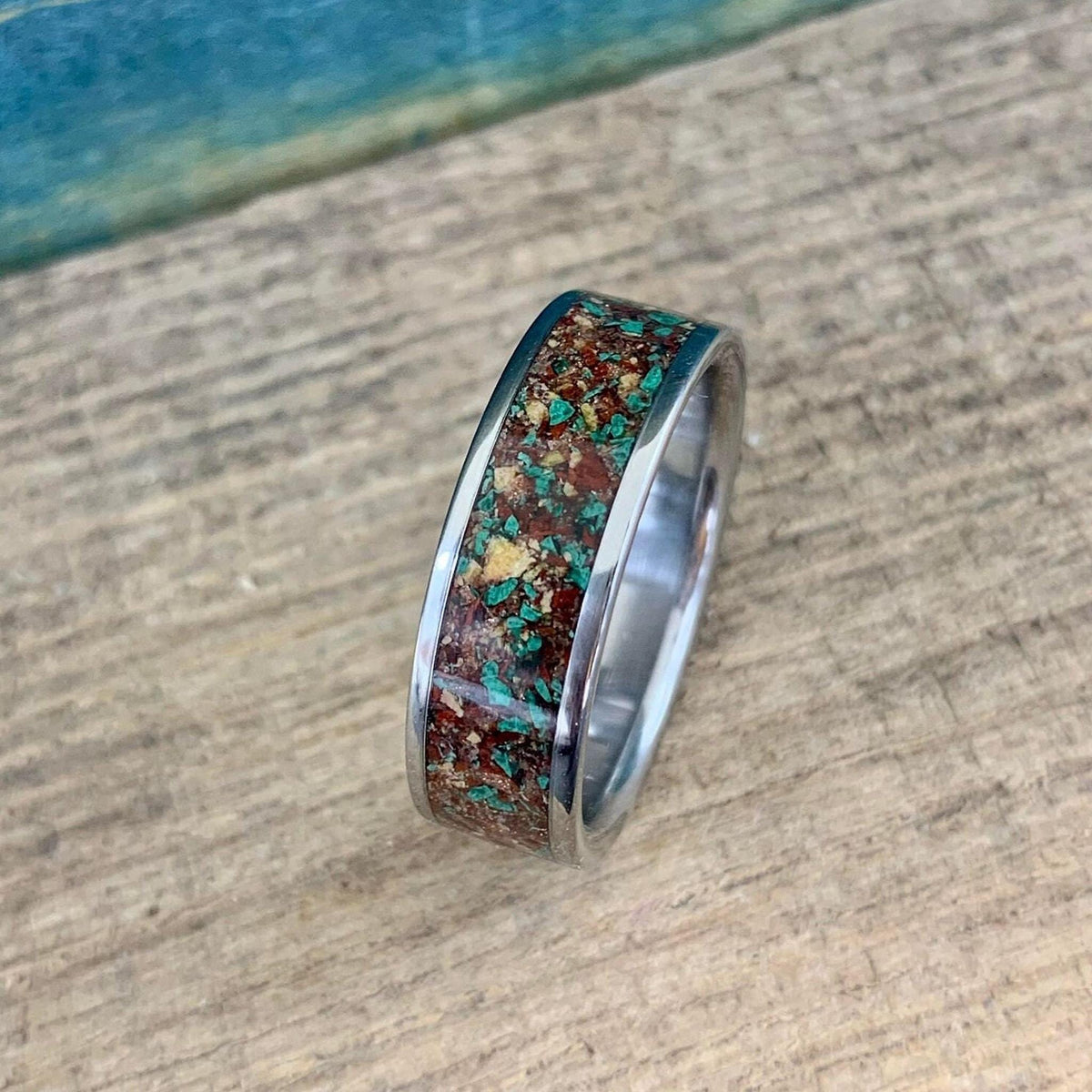 Fall Wedding Ring - Titanium Band with Red Goldstone and Yellow Jasper Inlay