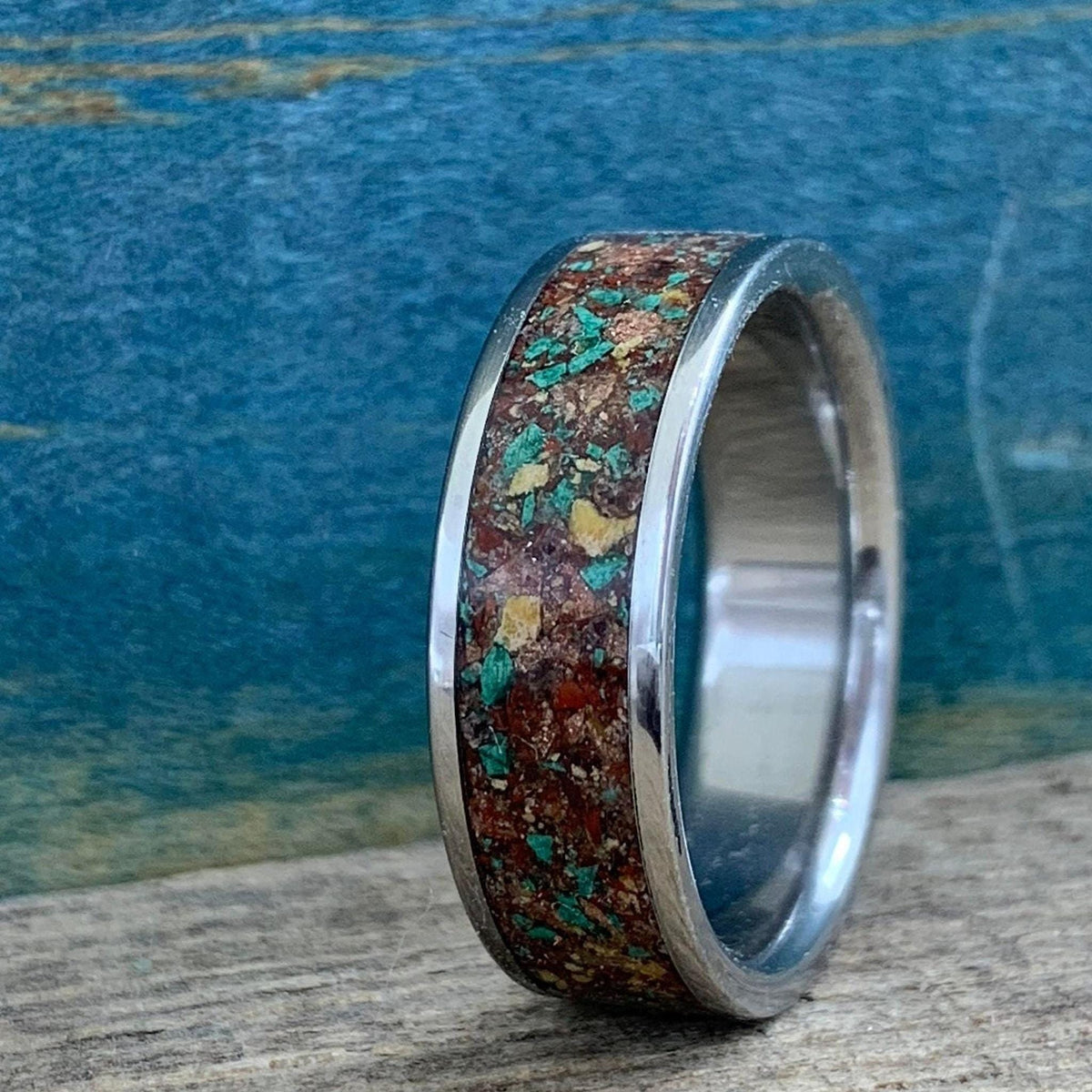 Fall Wedding Ring - Titanium Band with Red Goldstone and Yellow Jasper Inlay