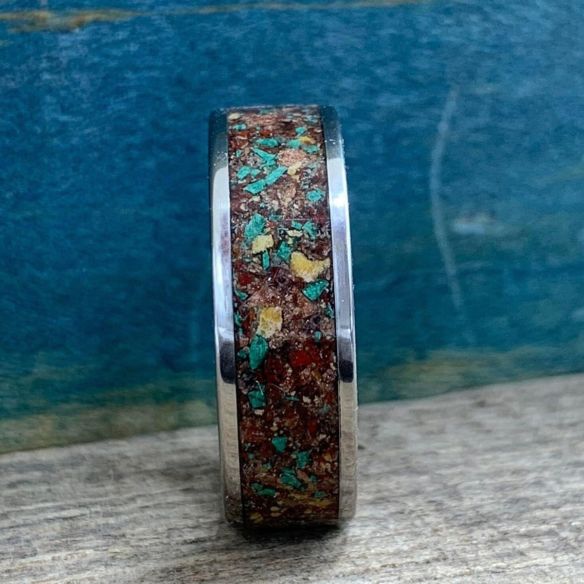 Fall Wedding Ring - Titanium Band with Red Goldstone and Yellow Jasper Inlay