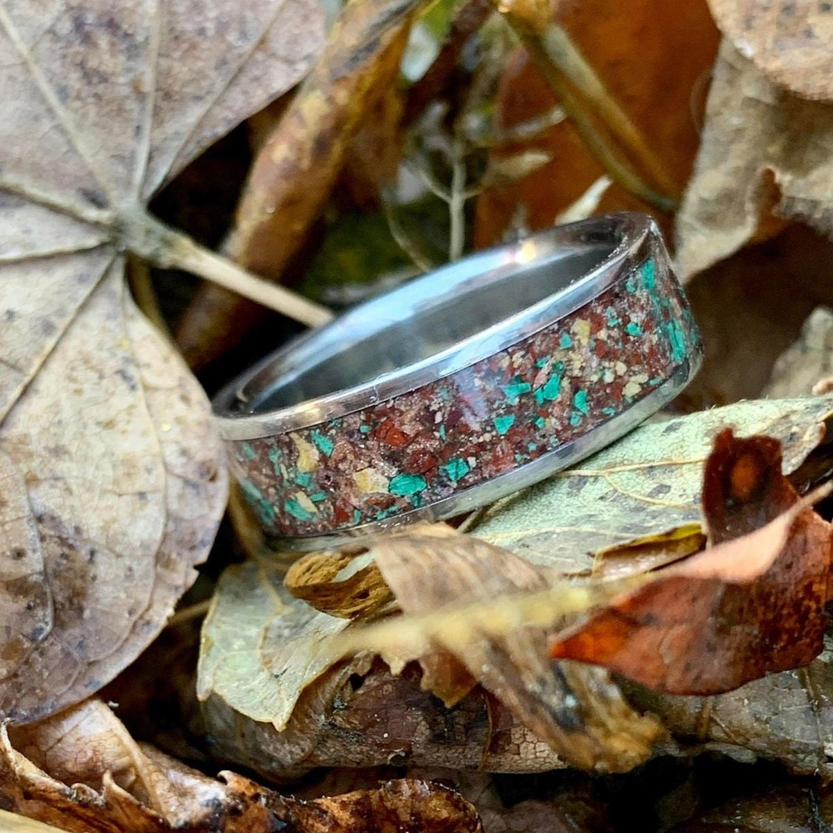 Fall Wedding Ring - Titanium Band with Red Goldstone and Yellow Jasper Inlay