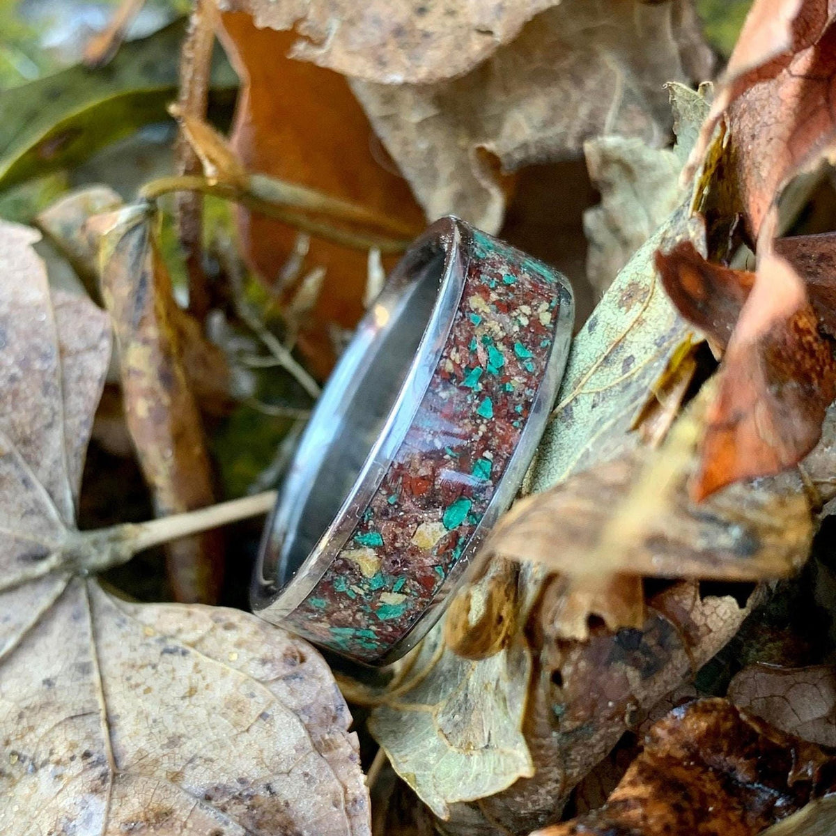 Fall Wedding Ring - Titanium Band with Red Goldstone and Yellow Jasper Inlay