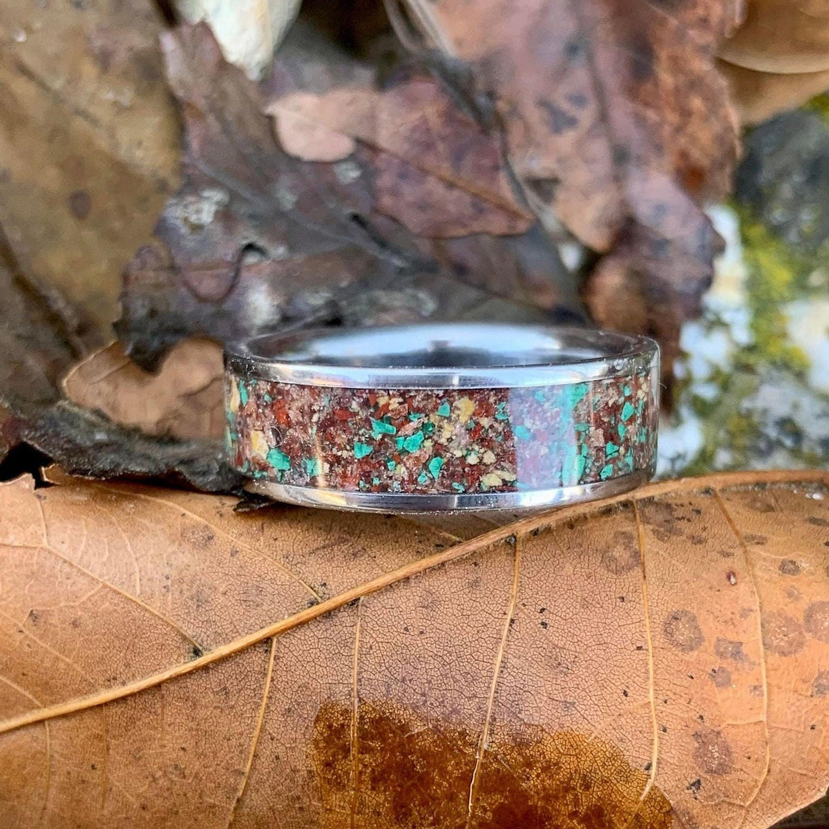 Fall Wedding Ring - Titanium Band with Red Goldstone and Yellow Jasper Inlay