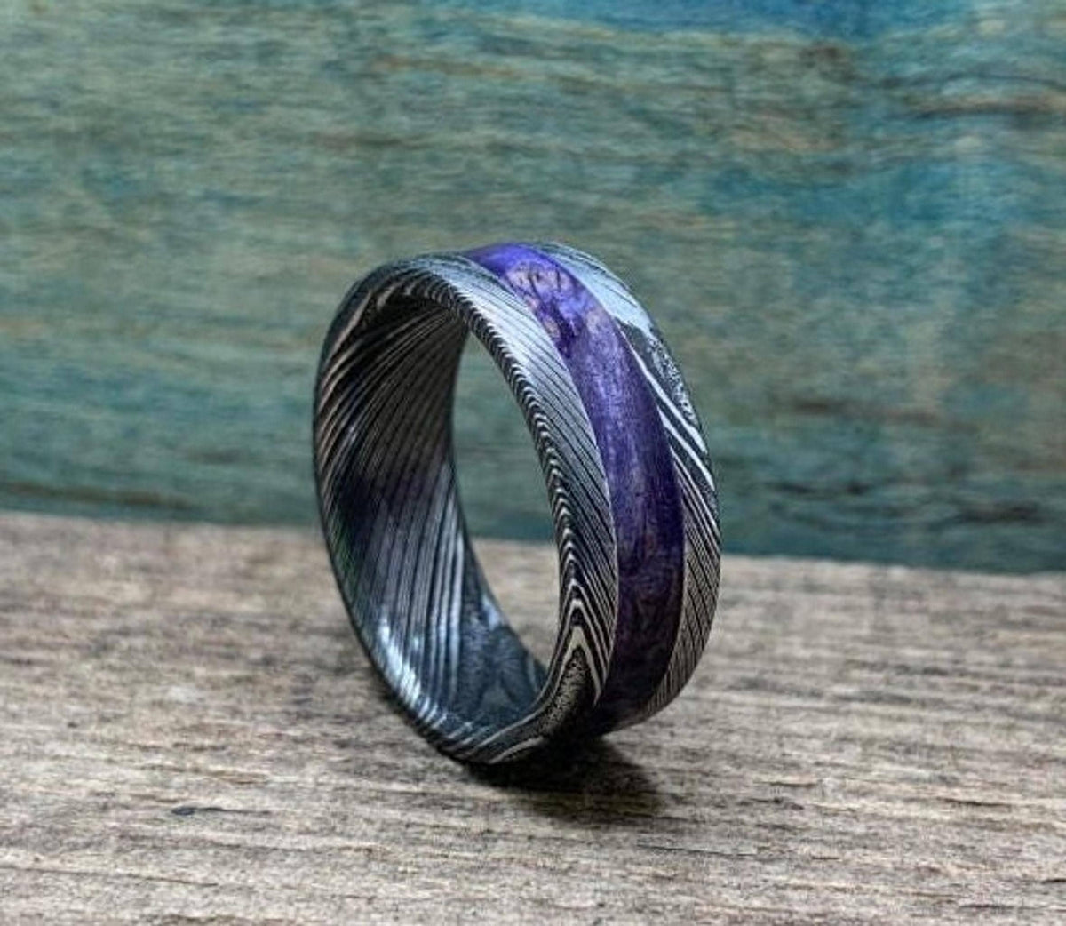 Purple Wedding Band, Stainless Steel Damascus Ring with Box Elder Inlay