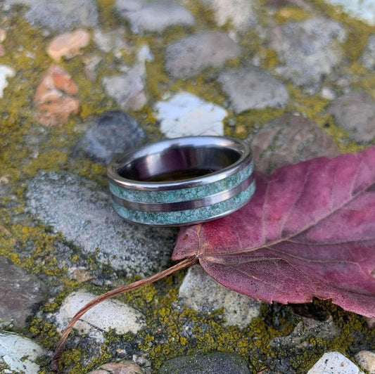 Moss Agate Ring - Men's Titanium Wedding Band - Custom Made, Engraved
