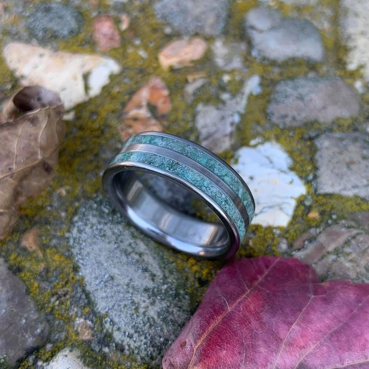 Moss Agate Ring - Men's Titanium Wedding Band - Custom Made, Engraved